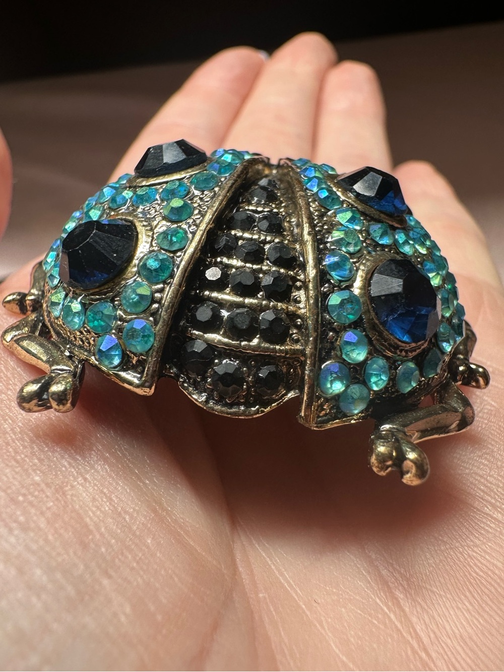 Gold Tone Iridescent Jeweled Beetle Brooch - Picture 5 of 17